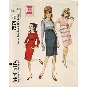 Vintage 1960s McCalls 7974 Sewing Pattern Womens Sz XXS 11 Empire Waist Dress